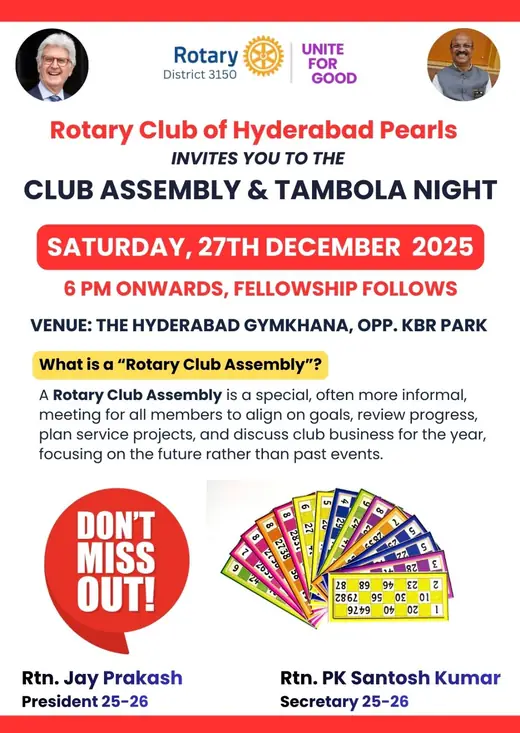 Invitation: Rotary Club of Hyderabad Pearls Club Assembly and Tambola Night at The Hyderabad Gymkhana